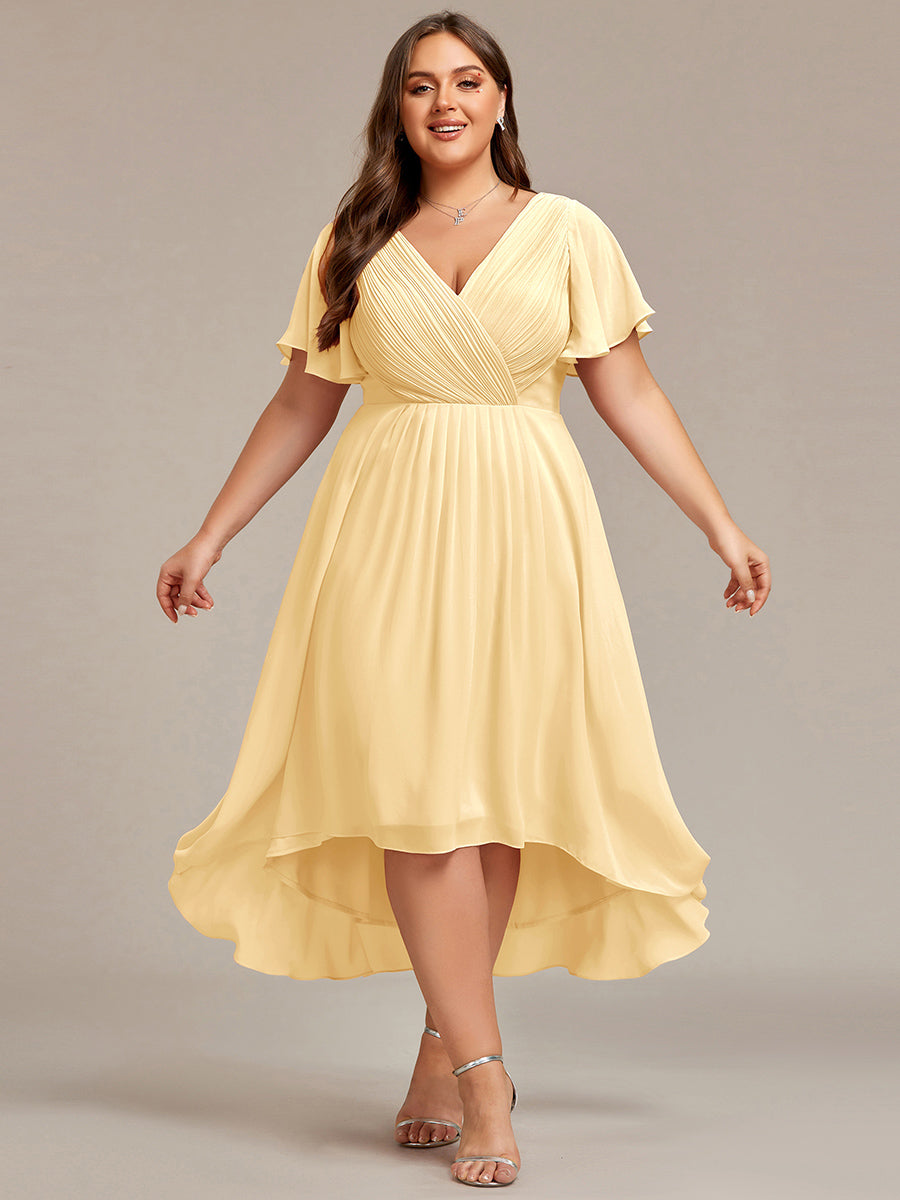 Chic V Neck High-Low Short Sleeve Wedding Guest Dress #color_Yellow
