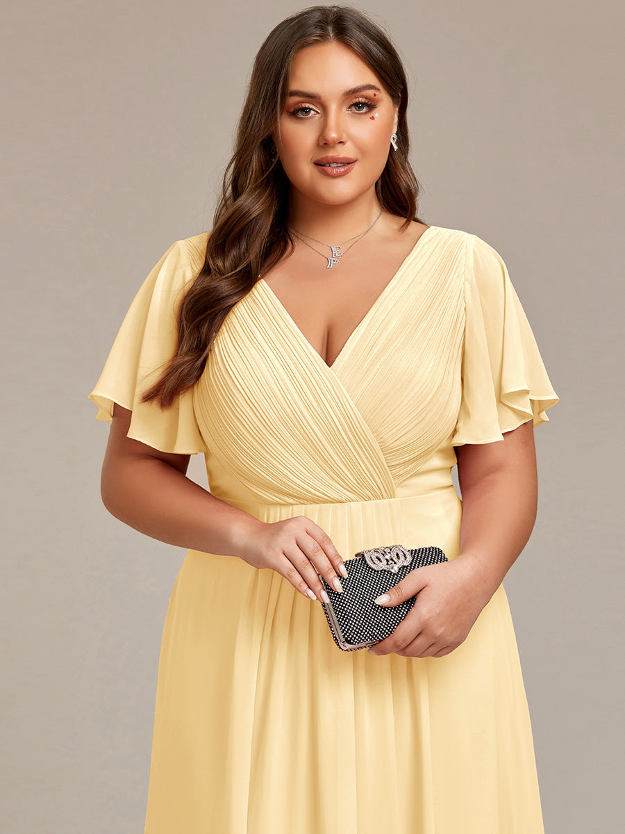 Chic V Neck High-Low Short Sleeve Wedding Guest Dress #color_Yellow
