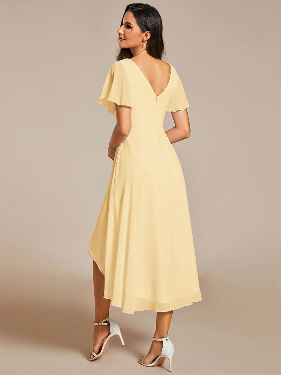 Chic V Neck High-Low Short Sleeve Wedding Guest Dress #color_Yellow