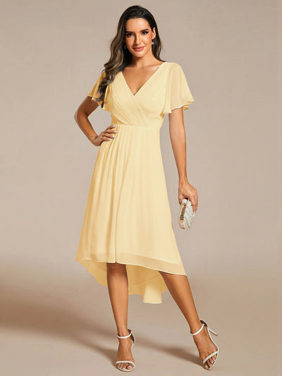 Chic V Neck High-Low Short Sleeve Wedding Guest Dress #color_Yellow