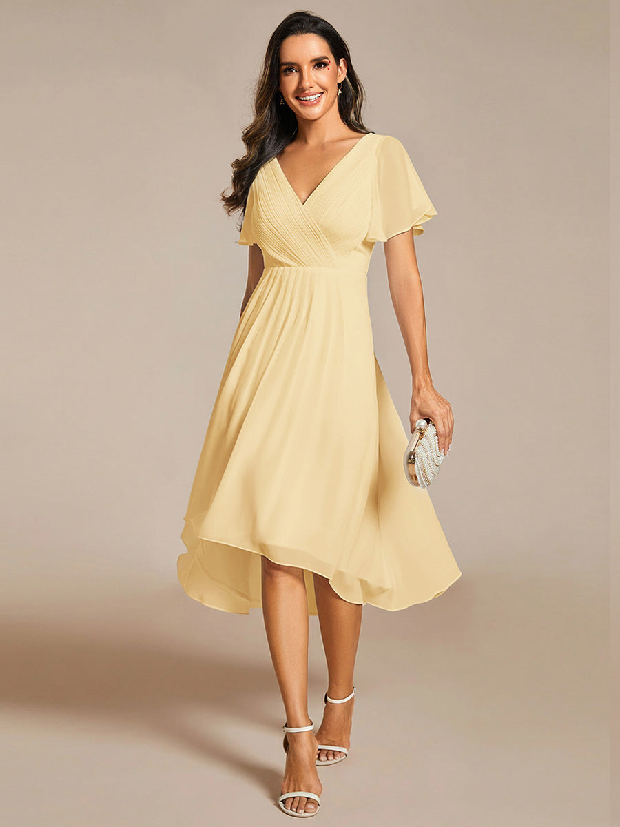 Chic V Neck High-Low Short Sleeve Wedding Guest Dress #color_Yellow