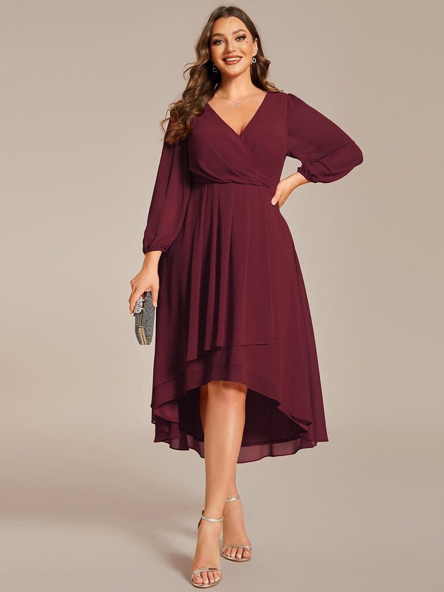 Plus Size Chiffon A-Line Long Sleeves Asymmetrical Hem Wedding Guest Dress #color_Burgundy