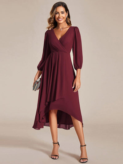 Long Sleeves Asymmetrical Hem A-Line Midi Wedding Guest Dress #color_Burgundy