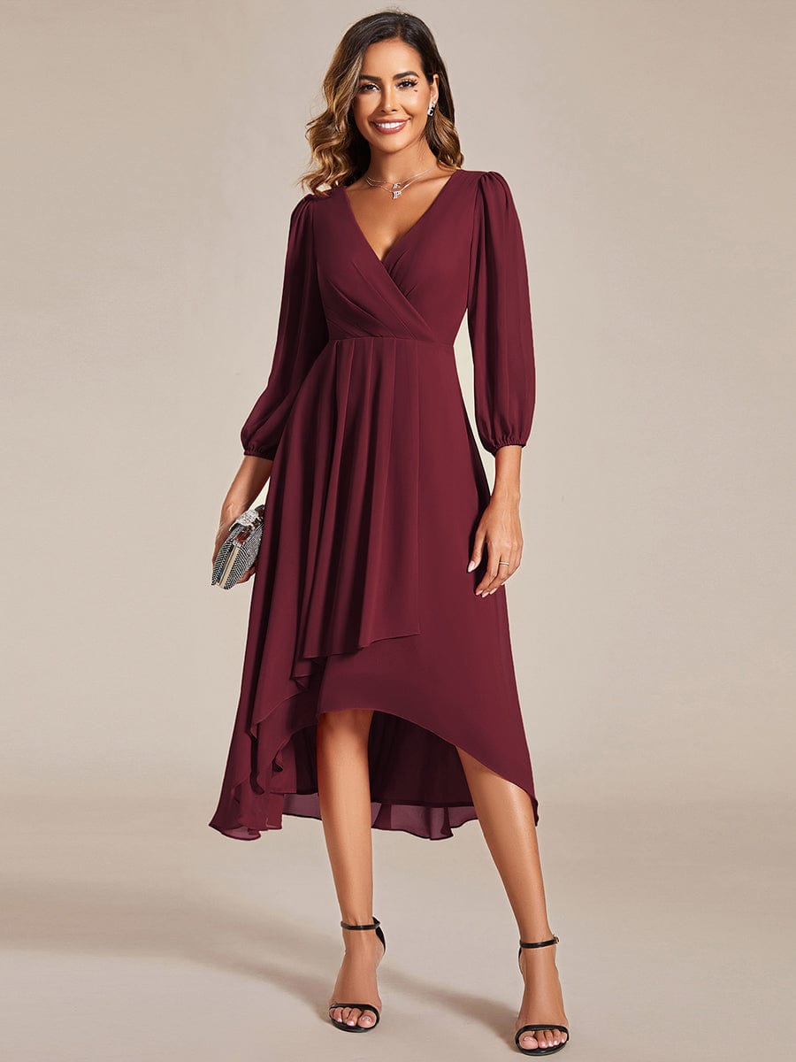 Long Sleeves Asymmetrical Hem A-Line Midi Wedding Guest Dress #color_Burgundy