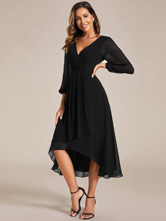 Pleated V-Neck 3/4 Sleeves Asymmetrical Hem Wedding Guest Dress