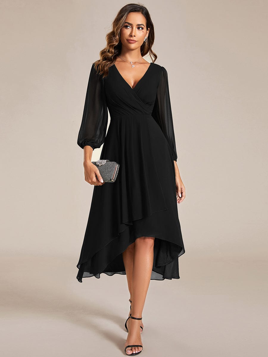 Long Sleeves Asymmetrical Hem A-Line Midi Wedding Guest Dress #color_Black