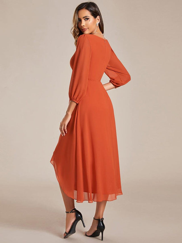 Pleated V-Neck 3/4 Sleeves Asymmetrical Hem Wedding Guest Dress - Ever ...