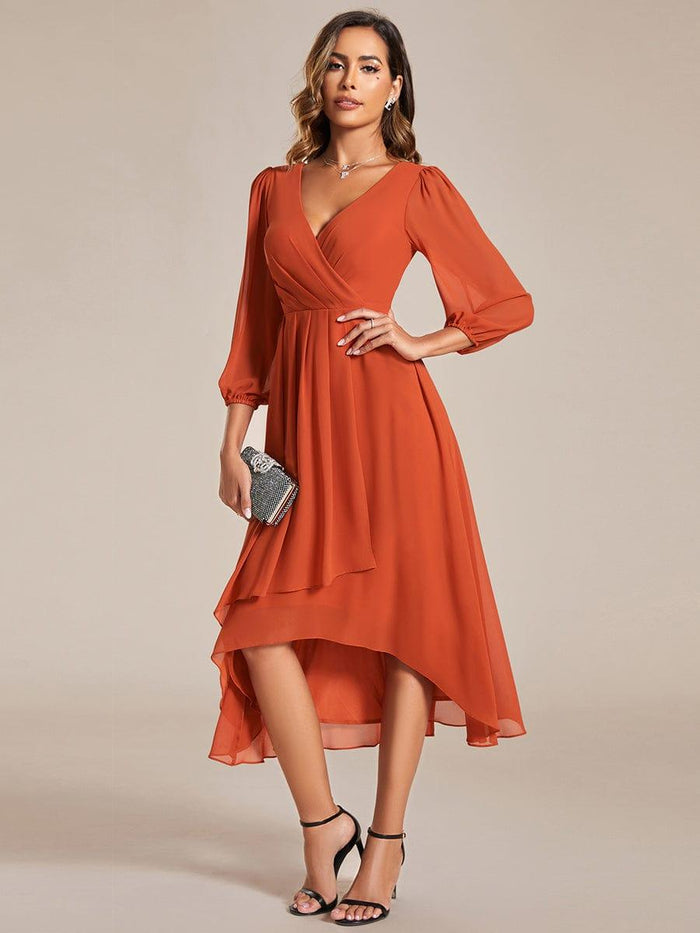 Pleated V-Neck 3/4 Sleeves Asymmetrical Hem Wedding Guest Dress