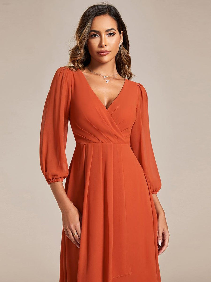 Pleated V-Neck 3/4 Sleeves Asymmetrical Hem Wedding Guest Dress - Ever ...