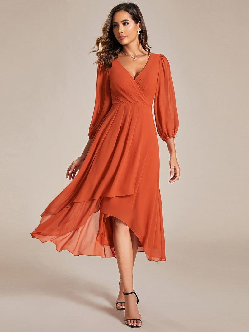 Pleated V-Neck 3/4 Sleeves Asymmetrical Hem Wedding Guest Dress