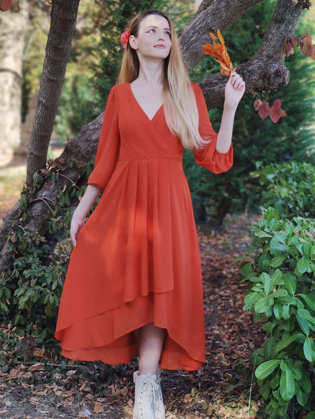 ever BRIAR|3/4 Sleeves Asymmetrical Hem A-Line Midi Wedding Guest Dress Fan Photos 6

