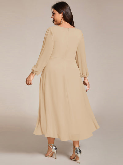 Plus Size Chiffon A-Line Long Sleeves Asymmetrical Hem Wedding Guest Dress #color_Champagne