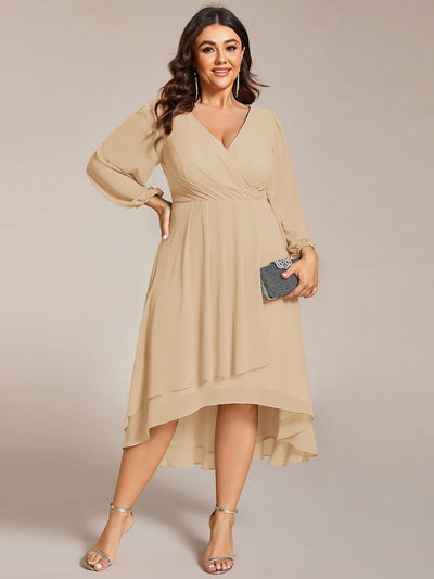 Plus Size Chiffon A-Line Long Sleeves Asymmetrical Hem Wedding Guest Dress #color_Champagne