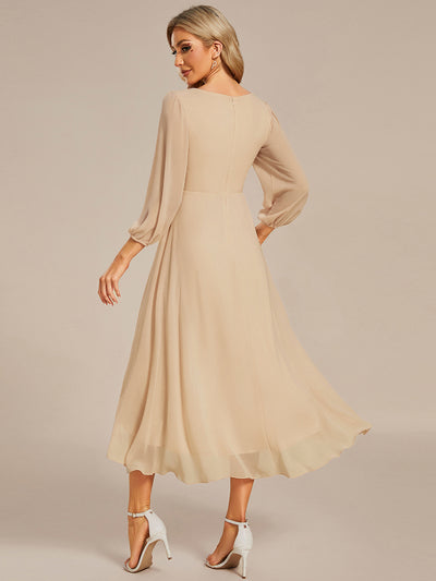 See-Through Long Sleeves V-Neck A-Line Chiffon Wedding Guest Dress #color_Champagne
