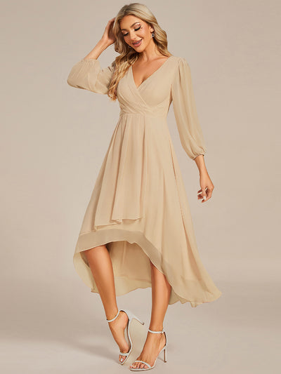 See-Through Long Sleeves V-Neck A-Line Chiffon Wedding Guest Dress #color_Champagne