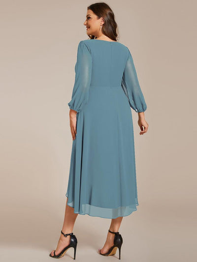 Plus Size Chiffon A-Line Long Sleeves Asymmetrical Hem Wedding Guest Dress #color_Light Teal