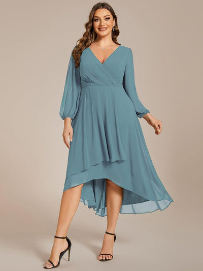 Plus Size Chiffon A-Line Long Sleeves Asymmetrical Hem Wedding Guest Dress #color_Light Teal