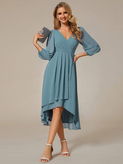 Long Sleeves Asymmetrical Hem A-Line Midi Wedding Guest Dress #color_Light Teal