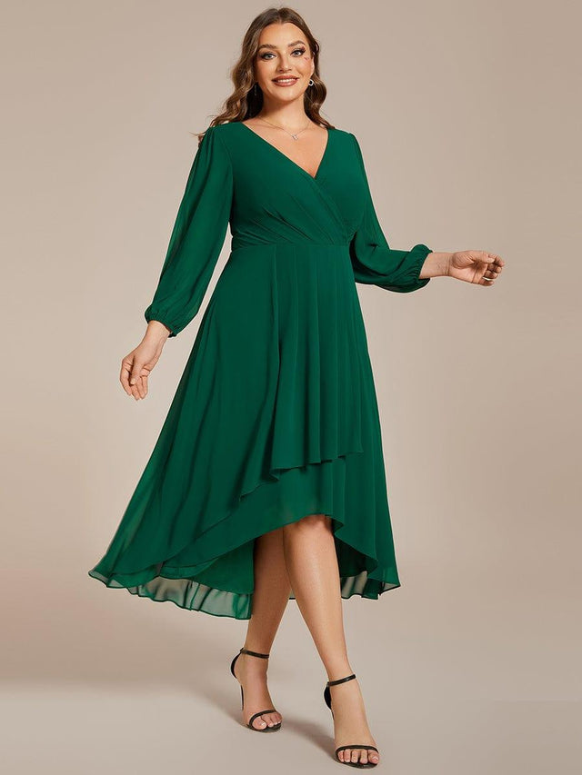 Pleated V-Neck 3/4 Sleeves Asymmetrical Hem Wedding Guest Dress