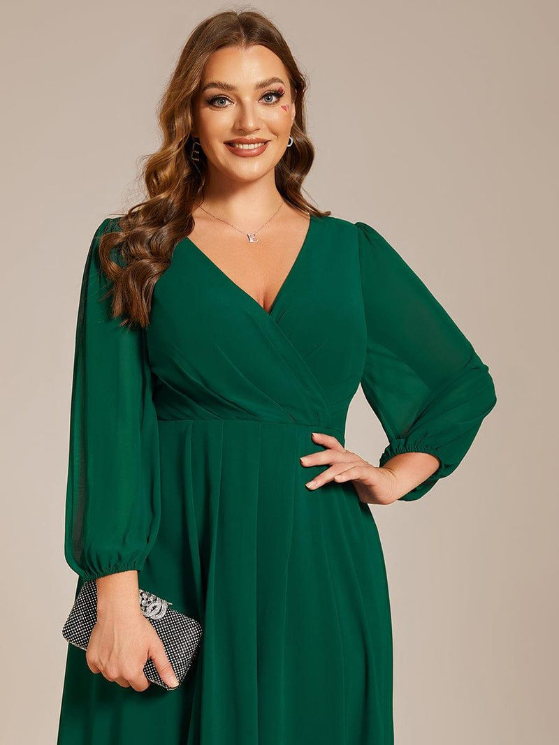 Pleated V-Neck 3/4 Sleeves Asymmetrical Hem Wedding Guest Dress - Ever ...