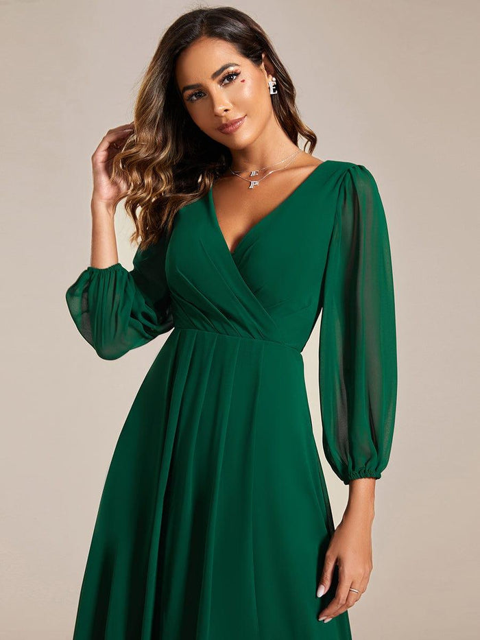 Pleated V-Neck 3/4 Sleeves Asymmetrical Hem Wedding Guest Dress - Ever ...