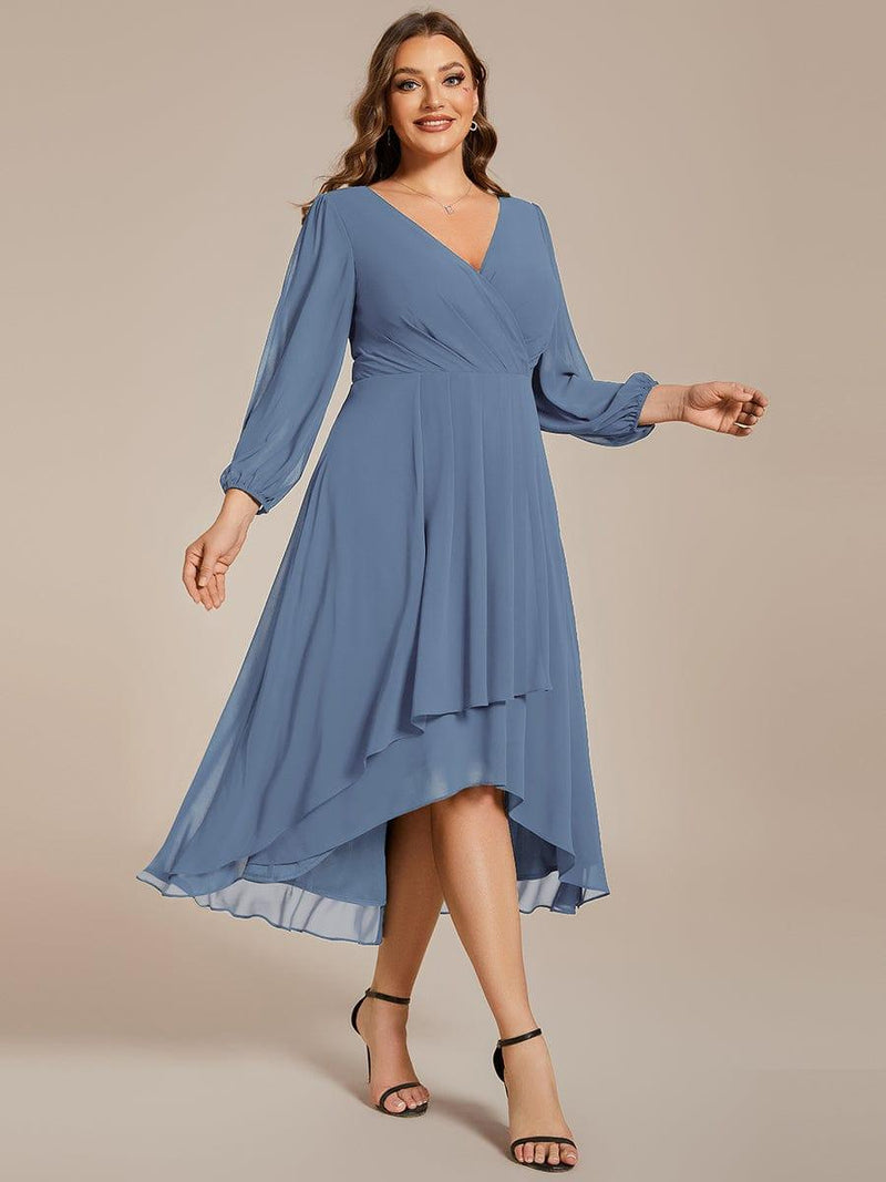 Plus Size Pleated Midi V-Neck Long Sleeves Chiffon Wedding Guest Dress