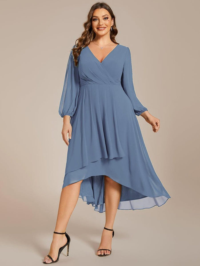 Plus Size Pleated Midi V-Neck Long Sleeves Chiffon Wedding Guest Dress