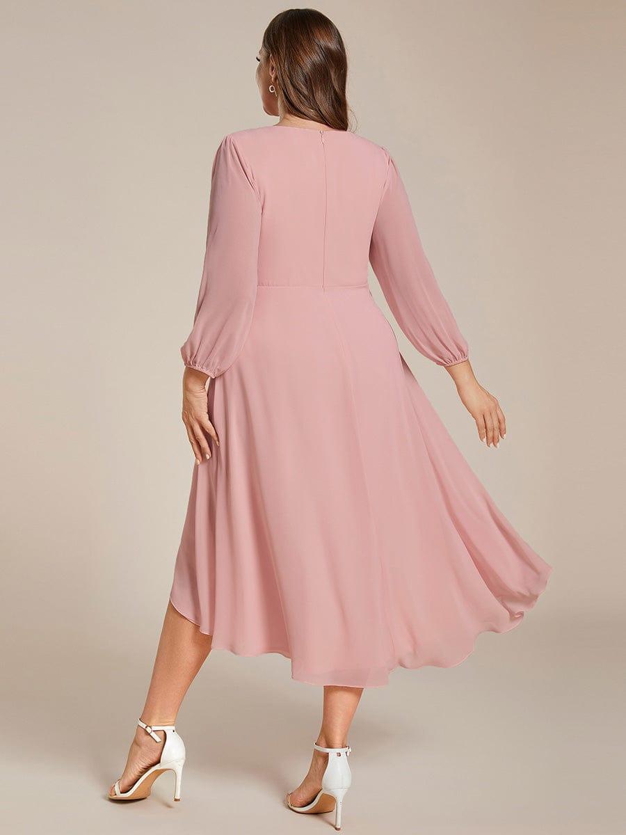 Plus Size Chiffon A-Line Long Sleeves Asymmetrical Hem Wedding Guest Dress #color_Dusty Rose