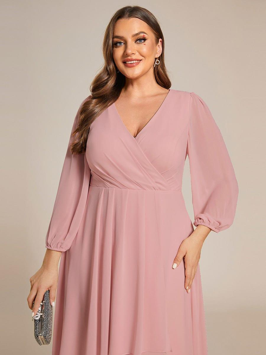 See-Through Long Sleeves V-Neck A-Line Chiffon Wedding Guest Dress #color_Dusty Rose