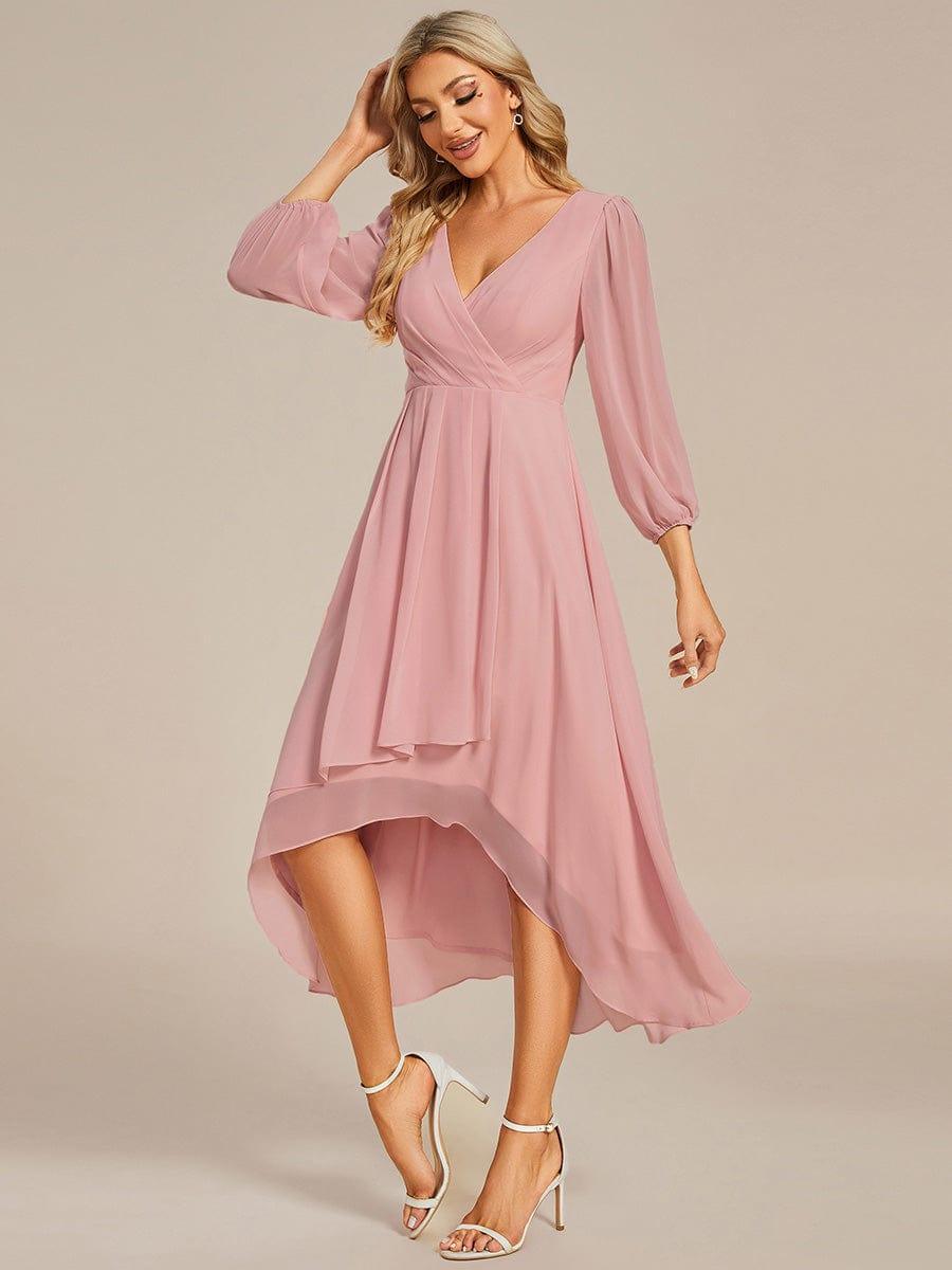 See-Through Long Sleeves V-Neck A-Line Chiffon Wedding Guest Dress #color_Dusty Rose