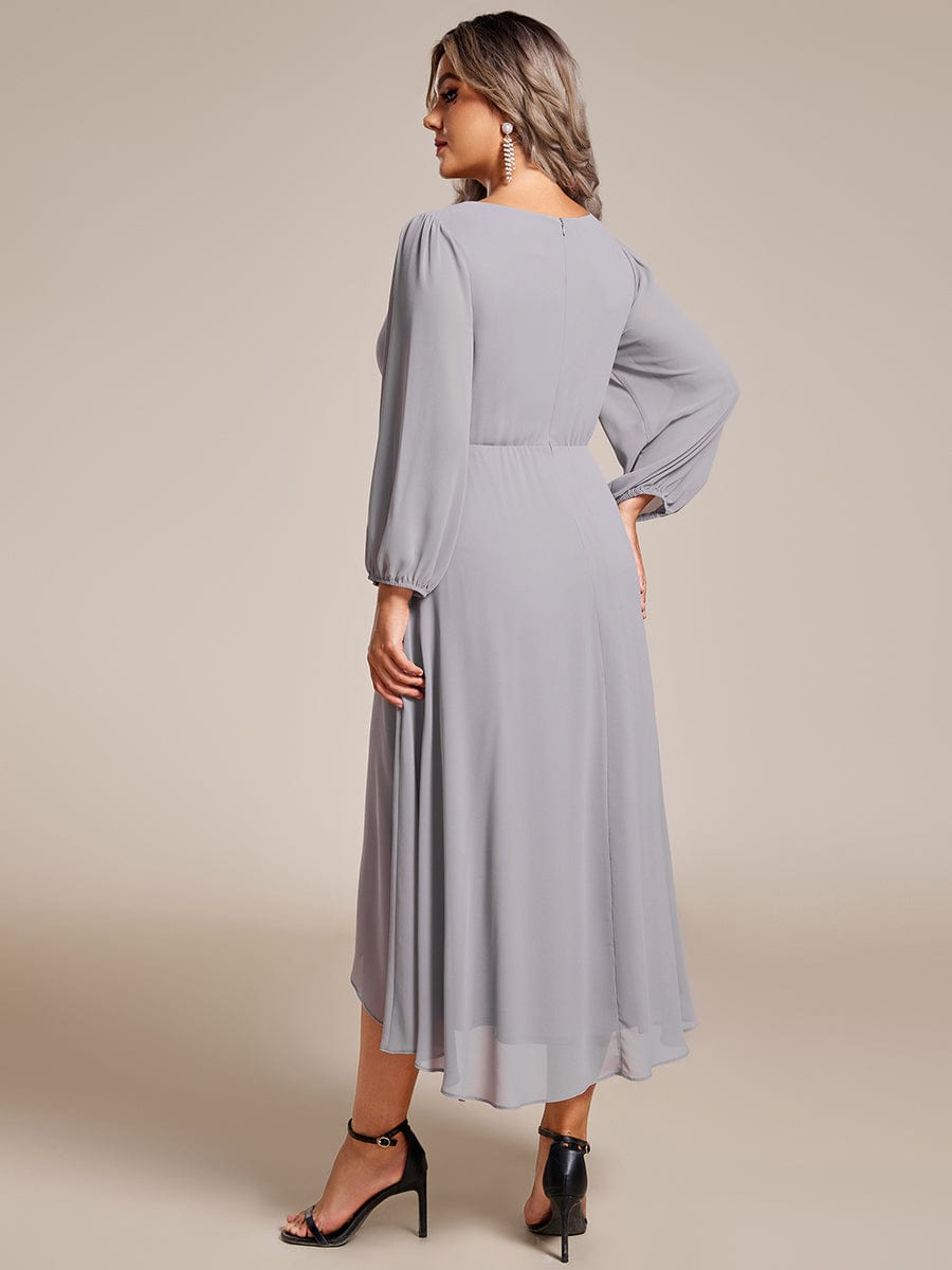 Long Sleeves Asymmetrical Hem A-Line Midi Wedding Guest Dress