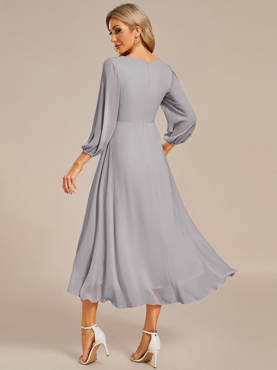 Long Sleeves Asymmetrical Hem A-Line Midi Wedding Guest Dress #color_Grey
