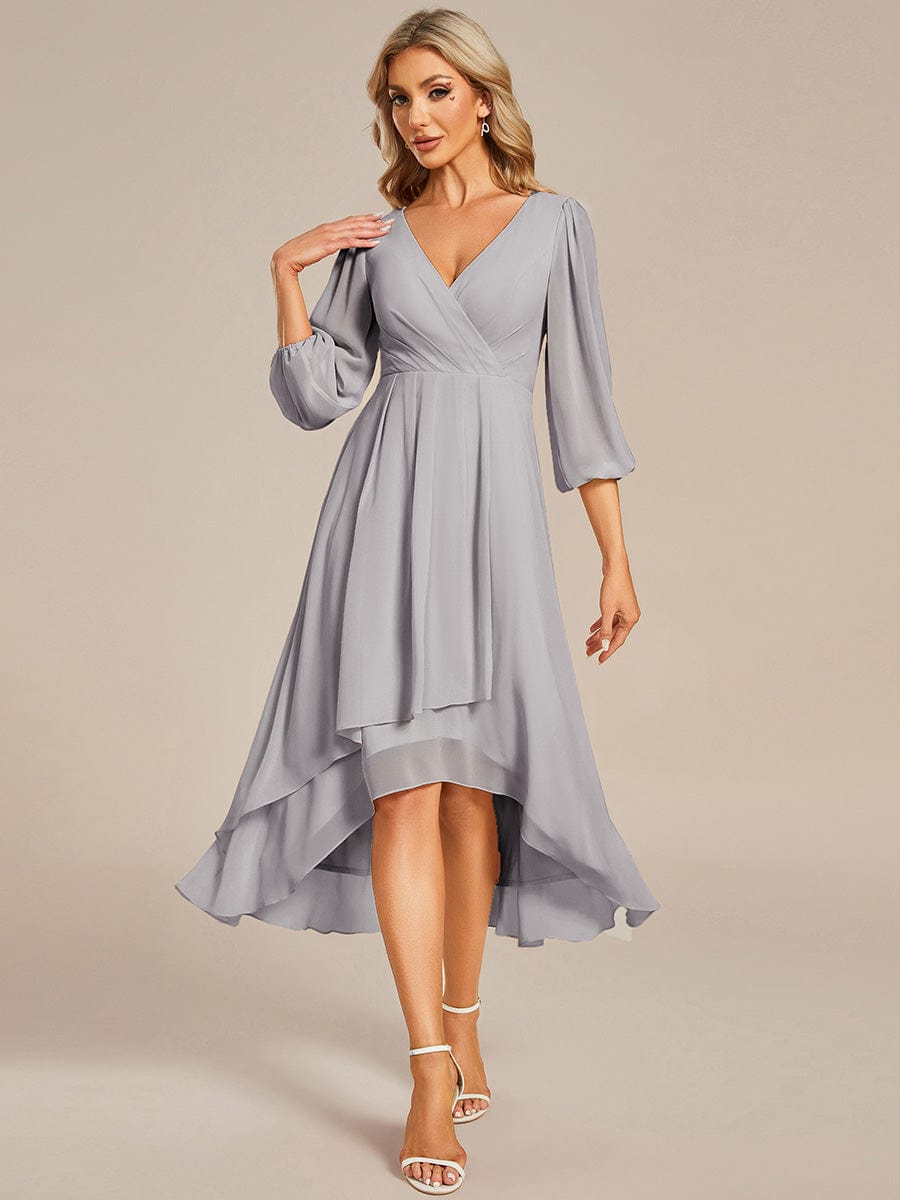 Long Sleeves Asymmetrical Hem A-Line Midi Wedding Guest Dress #color_Grey