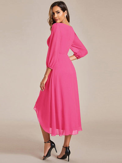 Long Sleeves Asymmetrical Hem A-Line Midi Wedding Guest Dress #color_Hot Pink
