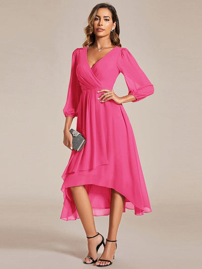 V-Neck A-Line Chiffon Elegant Wedding Guest Dress #color_Hot Pink