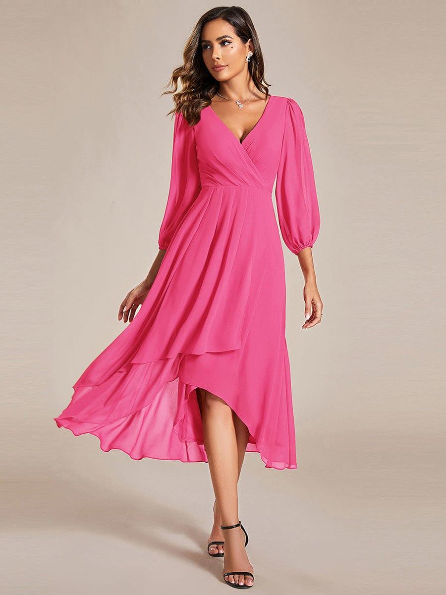 V-Neck A-Line Chiffon Elegant Wedding Guest Dress #color_Hot Pink