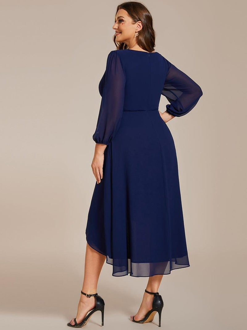 Pleated V-Neck 3/4 Sleeves Asymmetrical Hem Wedding Guest Dress - Ever ...