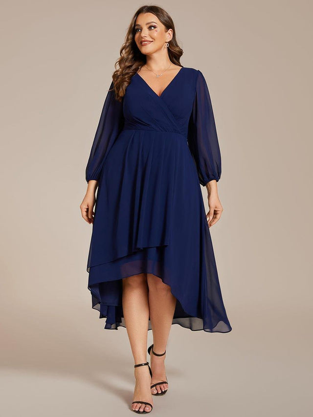 Pleated V-Neck 3/4 Sleeves Asymmetrical Hem Wedding Guest Dress