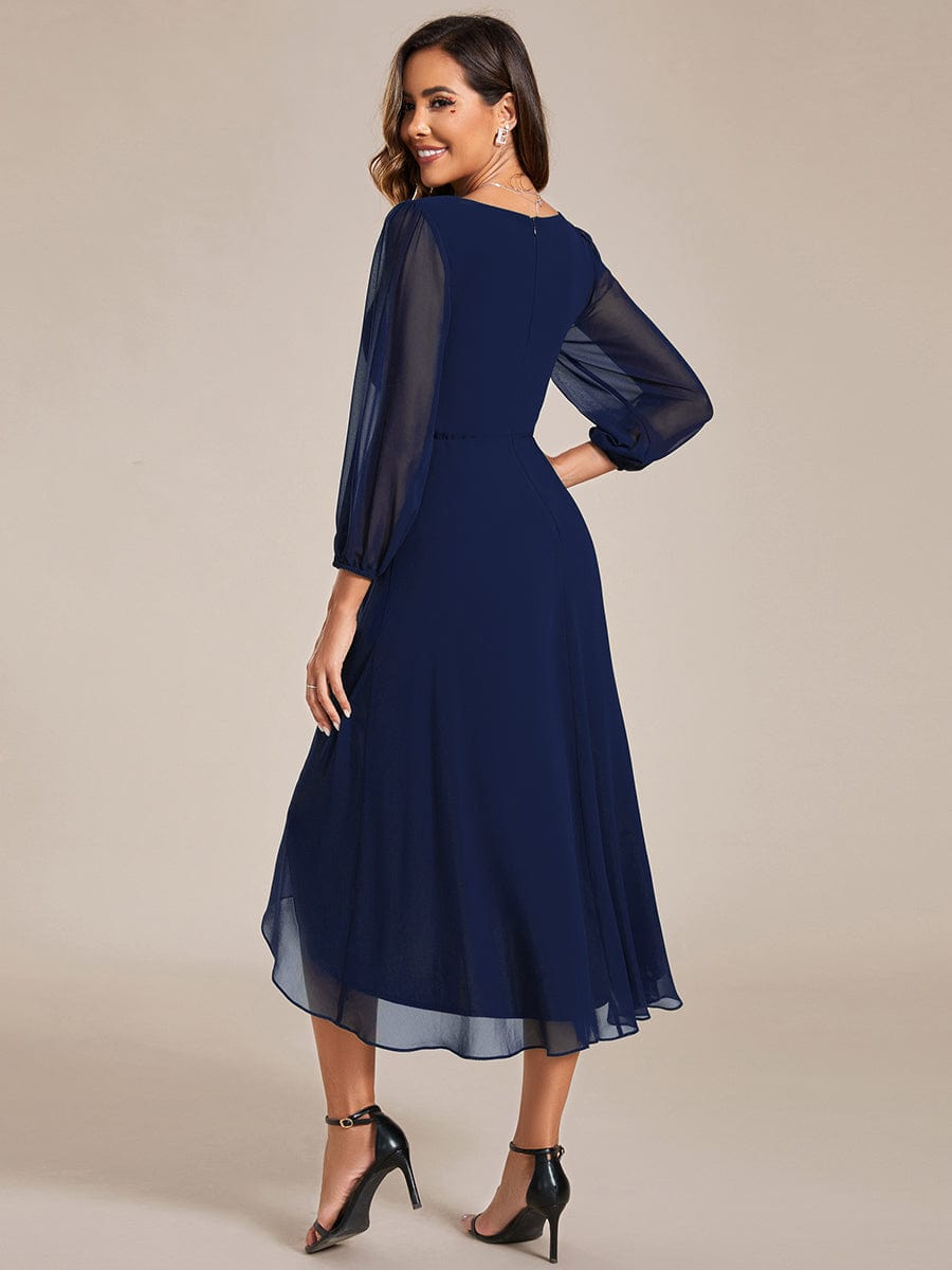Long Sleeves Asymmetrical Hem A-Line Midi Wedding Guest Dress #color_Navy Blue