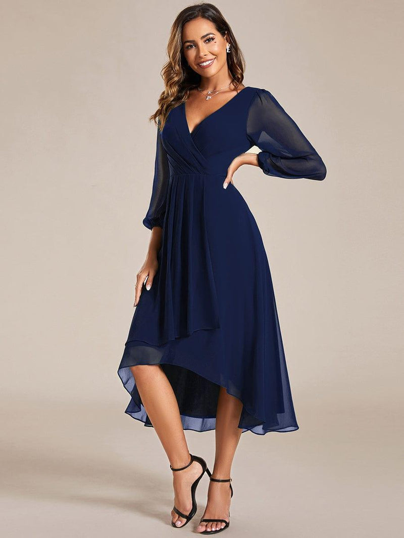 Pleated V-Neck 3/4 Sleeves Asymmetrical Hem Wedding Guest Dress