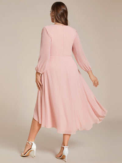 Plus Size Chiffon A-Line Long Sleeves Asymmetrical Hem Wedding Guest Dress #color_Pink