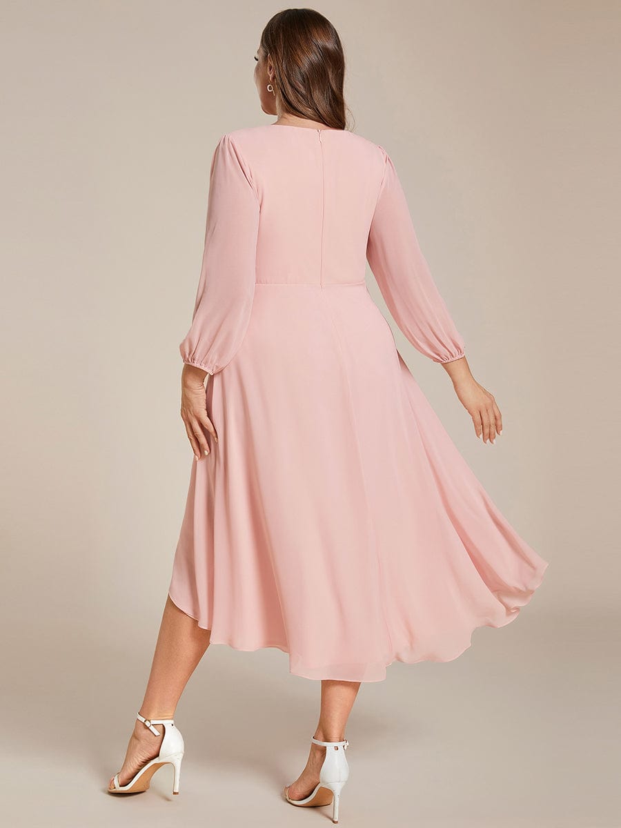 Plus Size Chiffon A-Line Long Sleeves Asymmetrical Hem Wedding Guest Dress #color_Pink