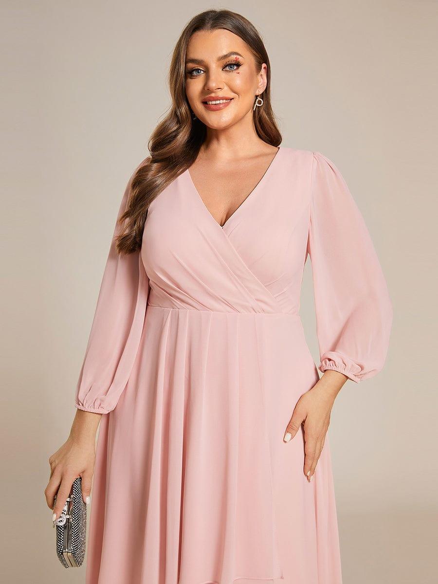 Long Sleeves Asymmetrical Hem A-Line Midi Wedding Guest Dress #color_Pink