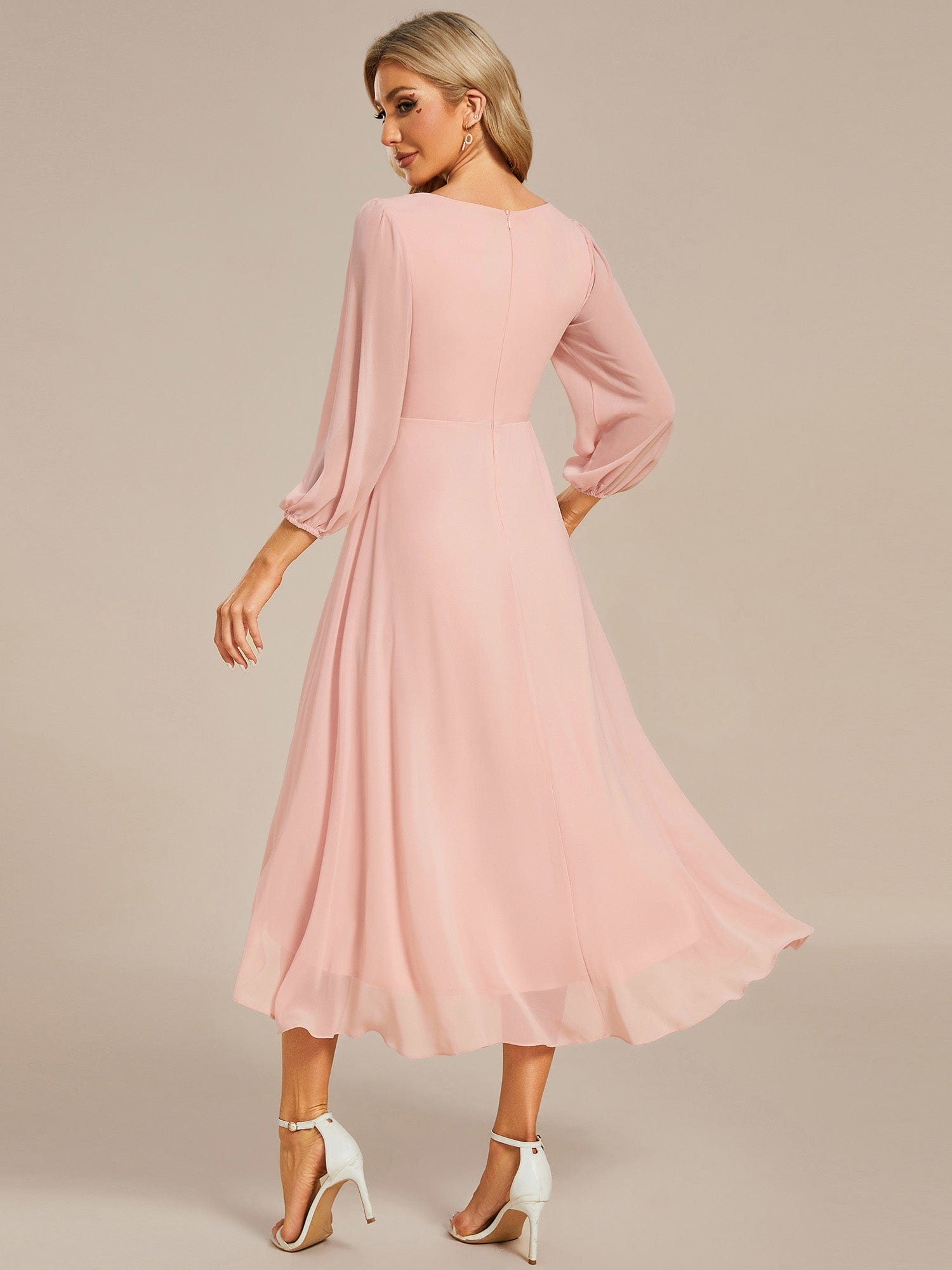 Long Sleeves Asymmetrical Hem A-Line Midi Wedding Guest Dress #color_Pink