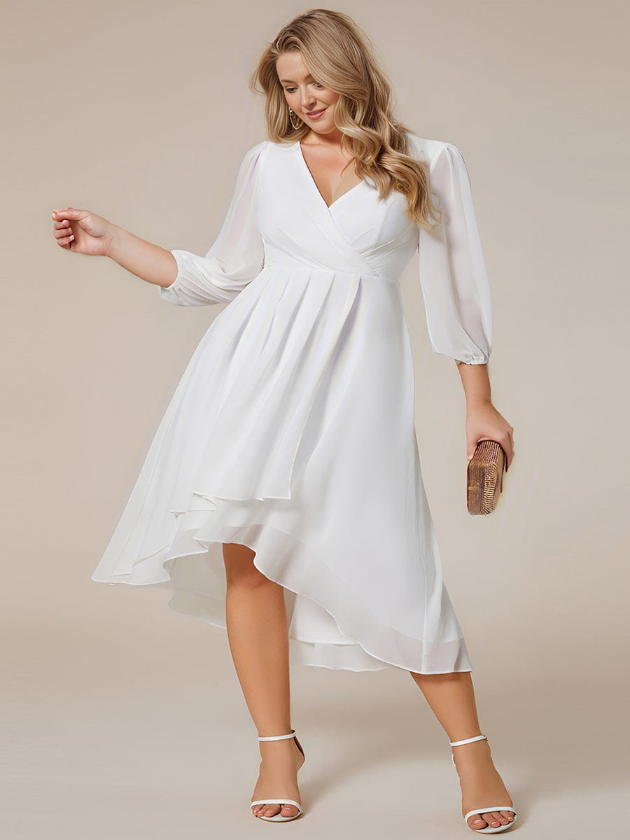 Plus Size Chiffon A-Line Long Sleeves Asymmetrical Hem Wedding Guest Dress #color_White