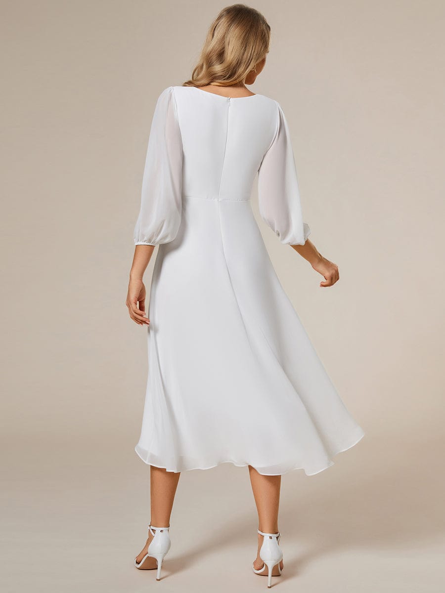 Long Sleeves Asymmetrical Hem A-Line Midi Wedding Guest Dress #color_White