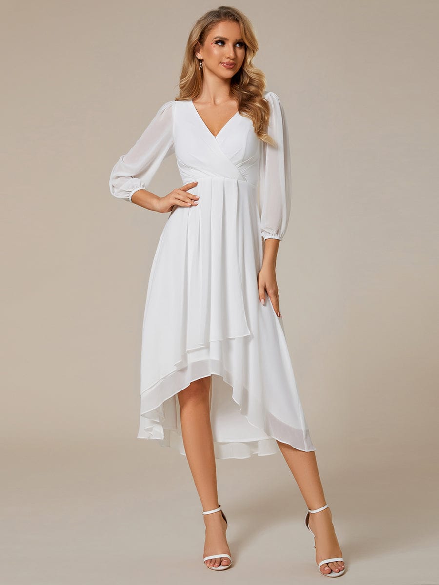 Long Sleeves Asymmetrical Hem A-Line Midi Wedding Guest Dress #color_White
