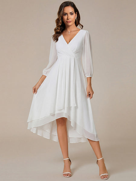formal white classy dress Ever-Pretty Pleated V-Neck 3/4 Sleeves Asymmetrical Hem Cocktail The dress is a Color:Dark Camo Skin Tight Figure Hugging externalID:GTD509048