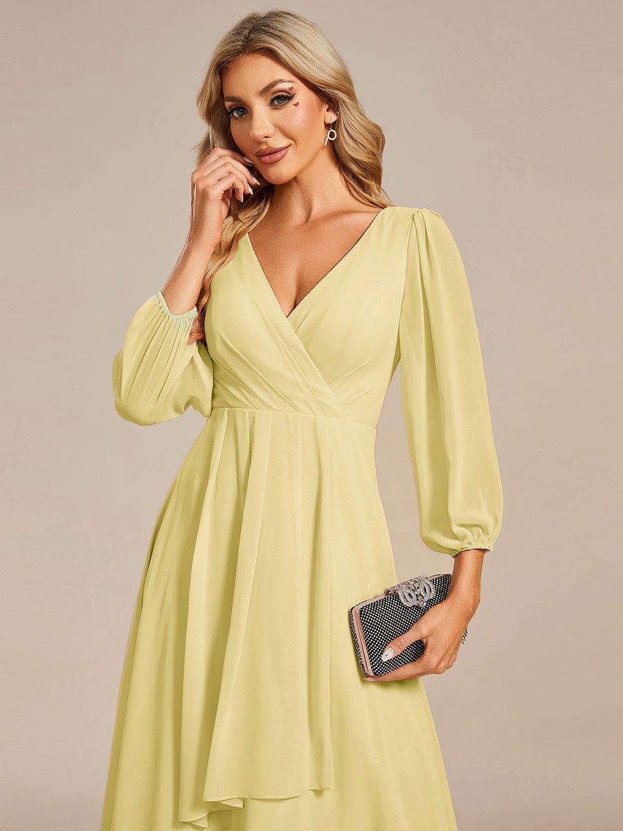 See-Through Long Sleeves V-Neck A-Line Chiffon Wedding Guest Dress #color_Yellow