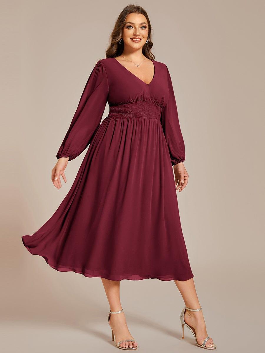 Chiffon V-Neck Long Sleeves Elastic Band Midi Wedding Guest Dress #color_Burgundy